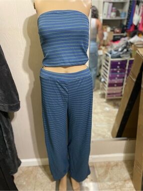 Striped Blue Strapless Tube Top and Wide Leg Pants Set